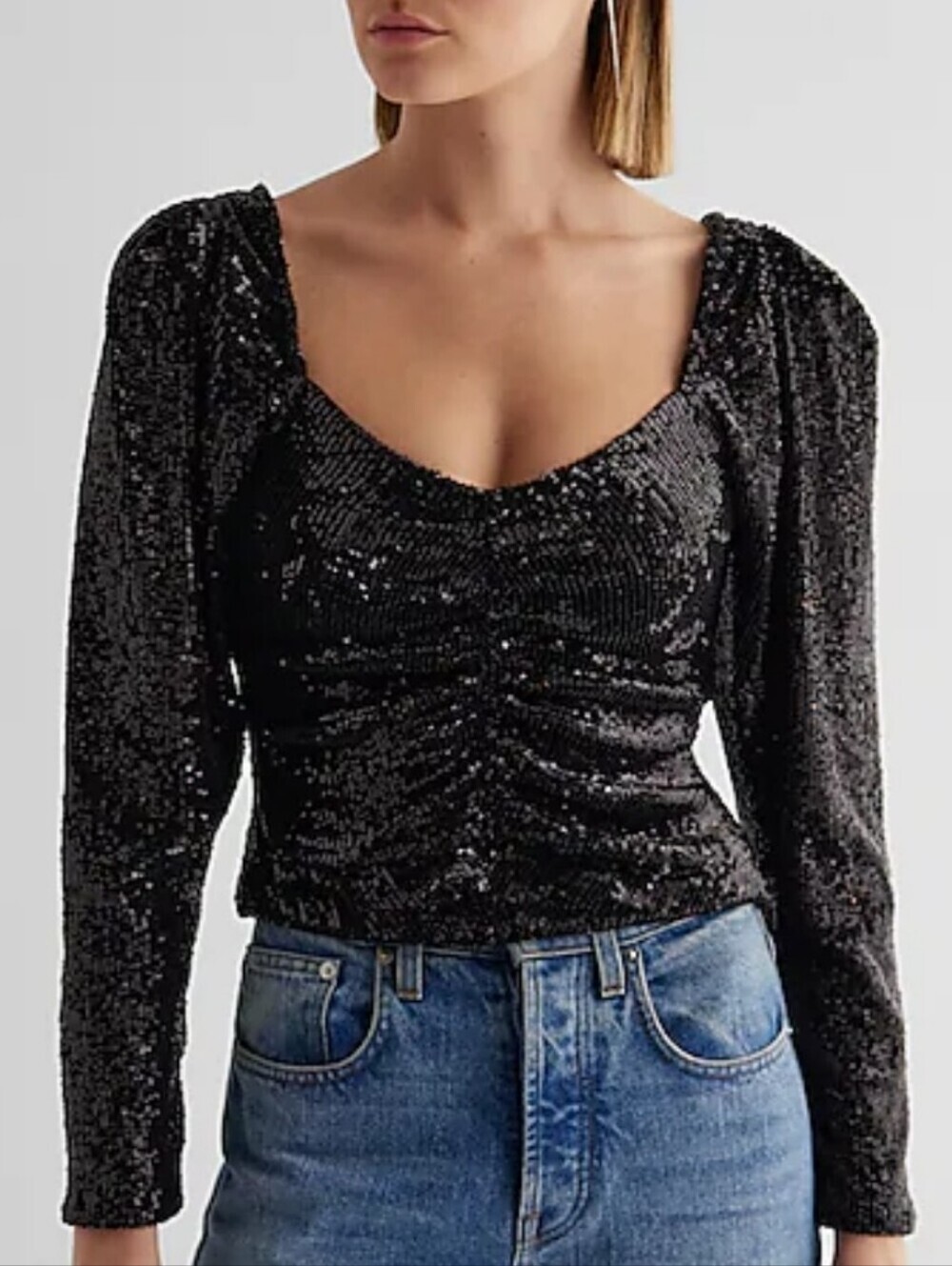 Express Sequin Sweetheart Neckline Puff Sleeve Ruched Front Top Size XS
